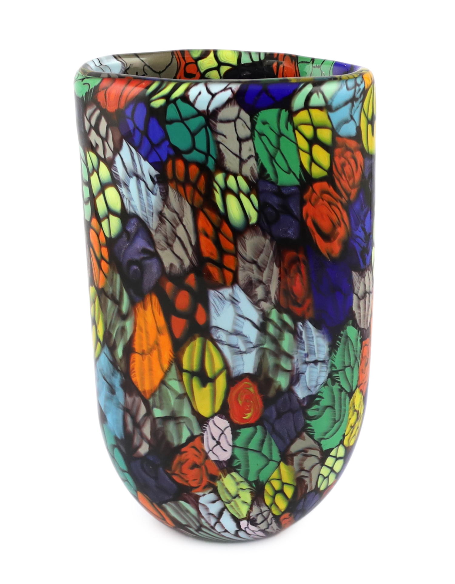 Vittorio Ferro (1932-2012) A Murano glass Murrine vase, decorated with red rosebuds on a green leaf ground, unsigned, 30cm, Please note this lot attracts an additional import tax of 20% on the hammer price